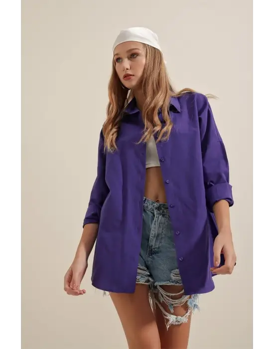 Oversize Uzun Gömlek - Trend Mor