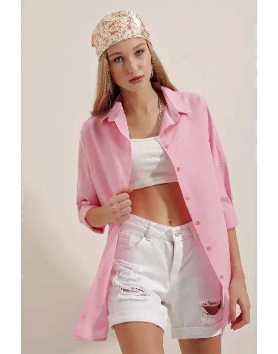 3900 Oversize Uzun Basic Gömlek - Pembe