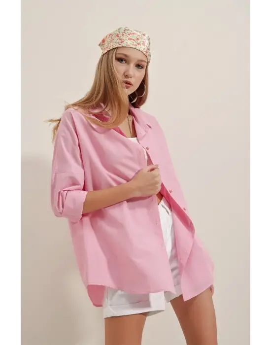 3900 Oversize Uzun Basic Gömlek - Pembe