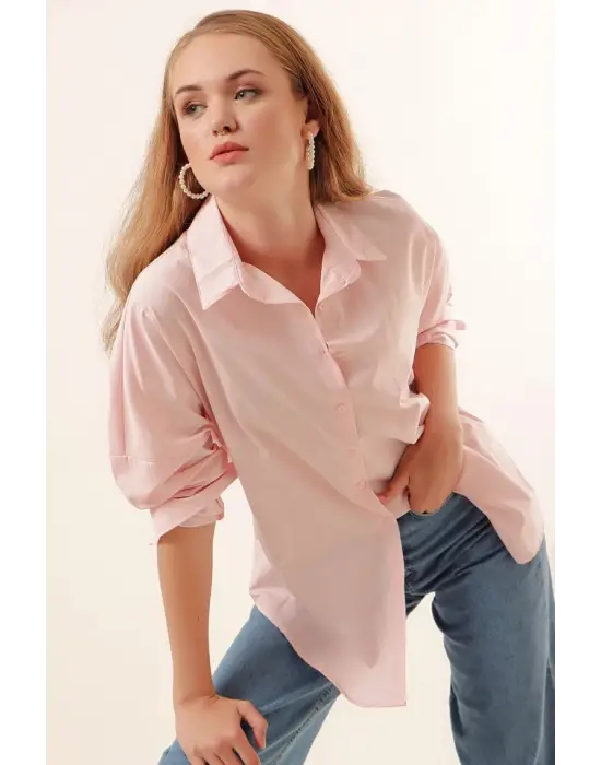 3900 Oversize Uzun Basic Gömlek - Pudra