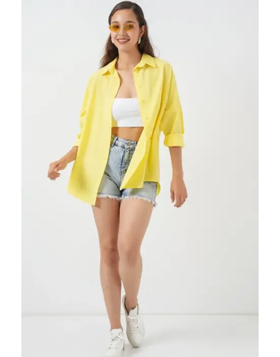 3900 Oversize Uzun Basic Gömlek - Sarı