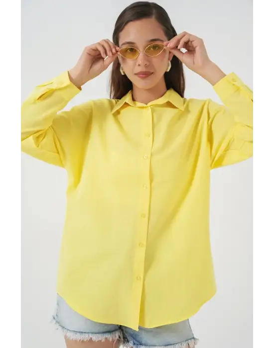 3900 Oversize Uzun Basic Gömlek - Sarı