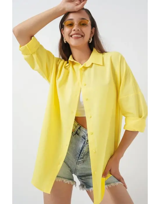 3900 Oversize Uzun Basic Gömlek - Sarı