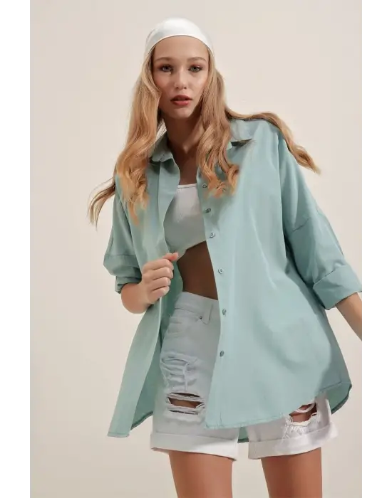 3900 Oversize Uzun Basic Gömlek - Su Yeşili