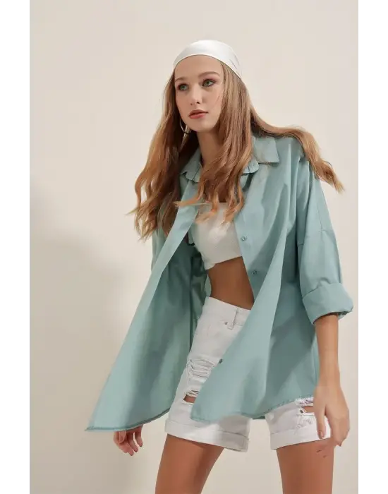 3900 Oversize Uzun Basic Gömlek - Su Yeşili