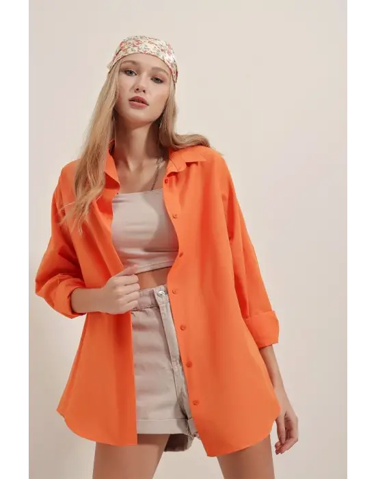 3900 Oversize Uzun Basic Gömlek - Turuncu