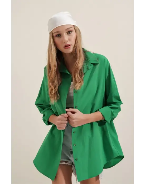 3900 Oversize Uzun Basic Gömlek - Yeşil