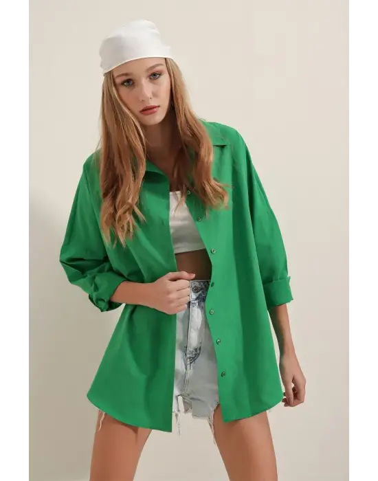 3900 Oversize Uzun Basic Gömlek - Yeşil
