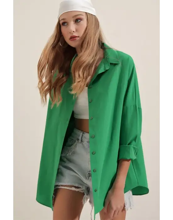 3900 Oversize Uzun Basic Gömlek - Yeşil