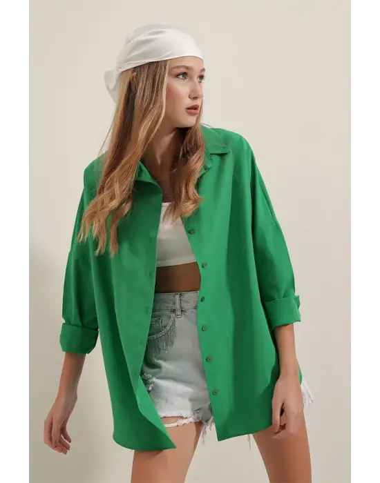 3900 Oversize Uzun Basic Gömlek - Yeşil
