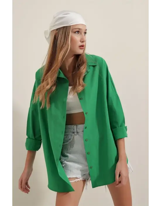3900 Oversize Uzun Basic Gömlek - Yeşil