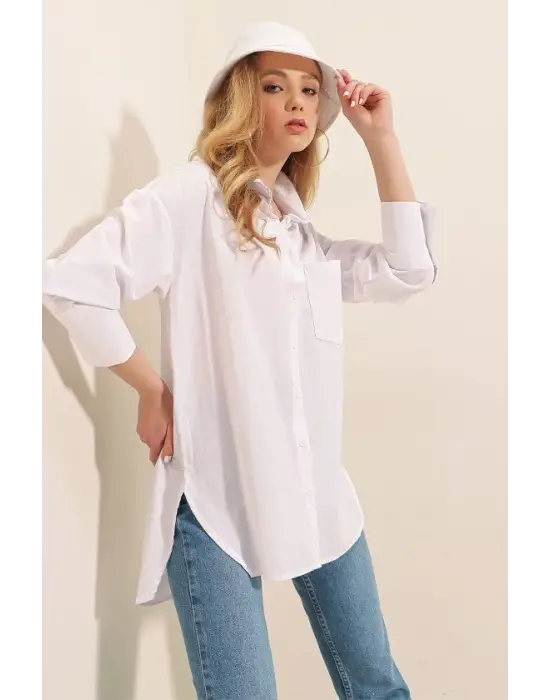 3952 Arkası Düğmeli Boyfriend Gömlek - Beyaz