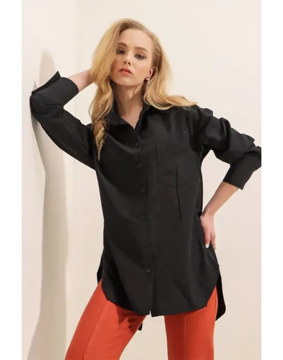3952 Arkası Düğmeli Boyfriend Gömlek - Siyah