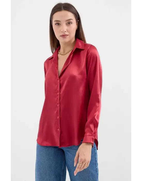 3964 Hafif Dökümlü Saten Gömlek - A.Bordo