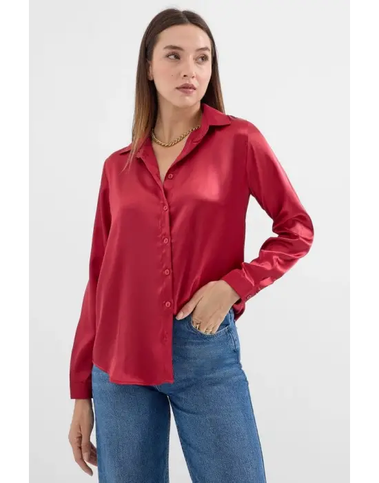 3964 Hafif Dökümlü Saten Gömlek - A.Bordo