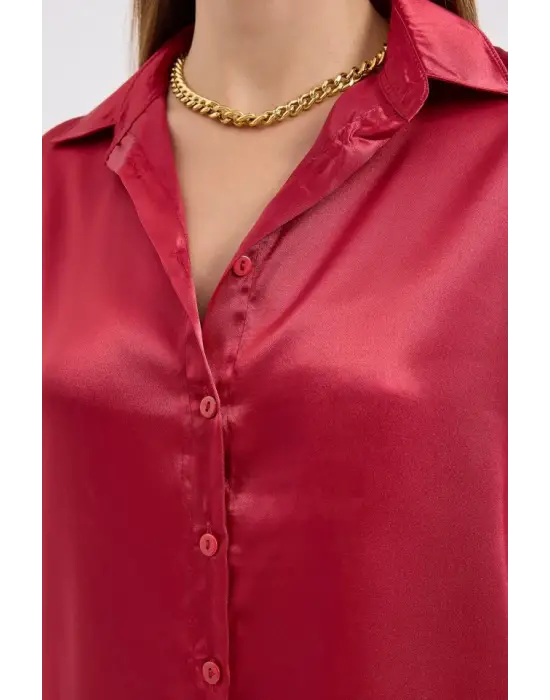 3964 Hafif Dökümlü Saten Gömlek - A.Bordo
