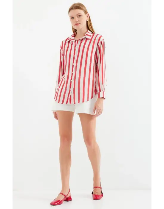 3964 Hafif Dökümlü Saten Gömlek - A.Kırmızı