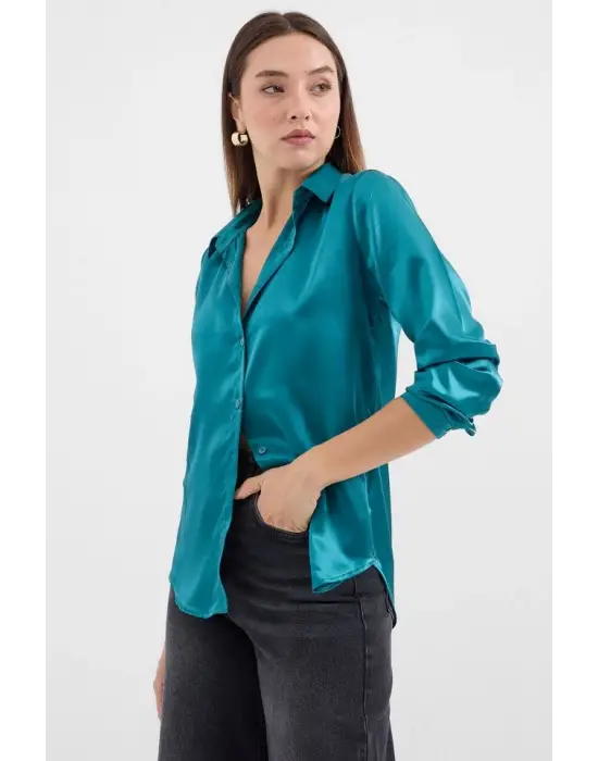 3964 Hafif Dökümlü Saten Gömlek - A.Yeşil