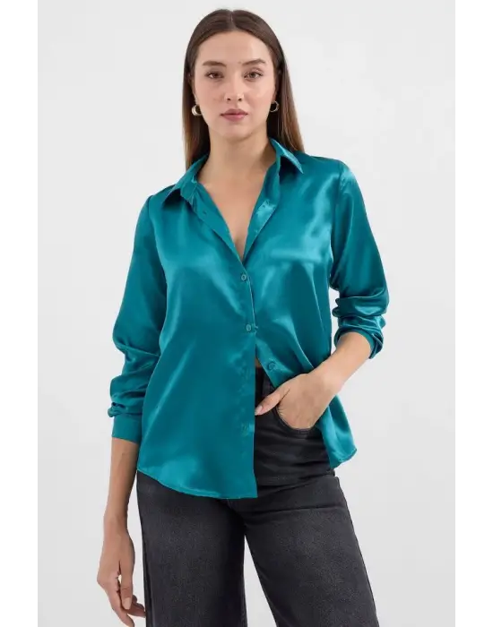 3964 Hafif Dökümlü Saten Gömlek - A.Yeşil