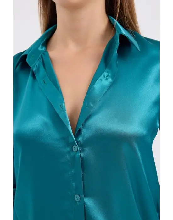 3964 Hafif Dökümlü Saten Gömlek - A.Yeşil