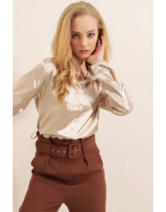 3964 Hafif Dökümlü Saten Gömlek - Bej