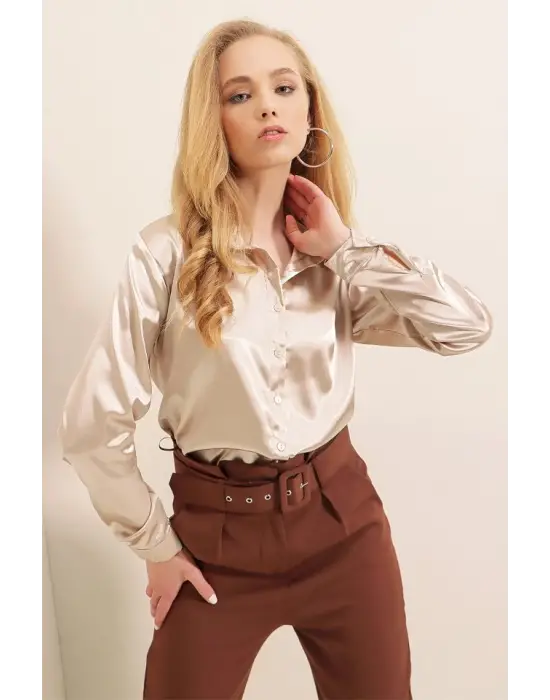 3964 Hafif Dökümlü Saten Gömlek - Bej