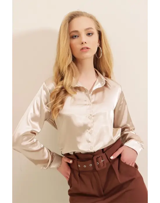 3964 Hafif Dökümlü Saten Gömlek - Bej