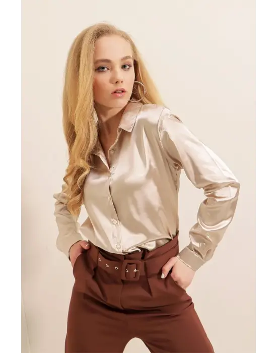 3964 Hafif Dökümlü Saten Gömlek - Bej