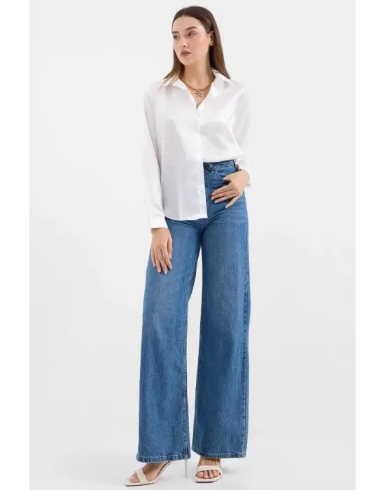 3964 Hafif Dökümlü Saten Gömlek - Beyaz