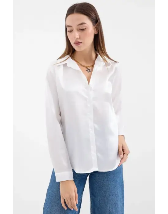 3964 Hafif Dökümlü Saten Gömlek - Beyaz