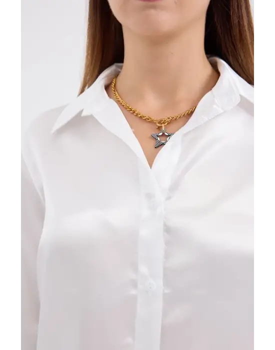 3964 Hafif Dökümlü Saten Gömlek - Beyaz