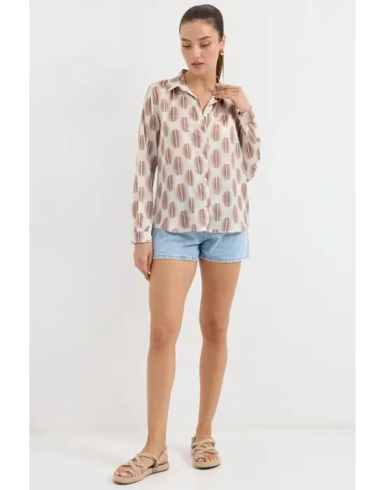 3964 Hafif Dökümlü Saten Gömlek - B.Kahverengi