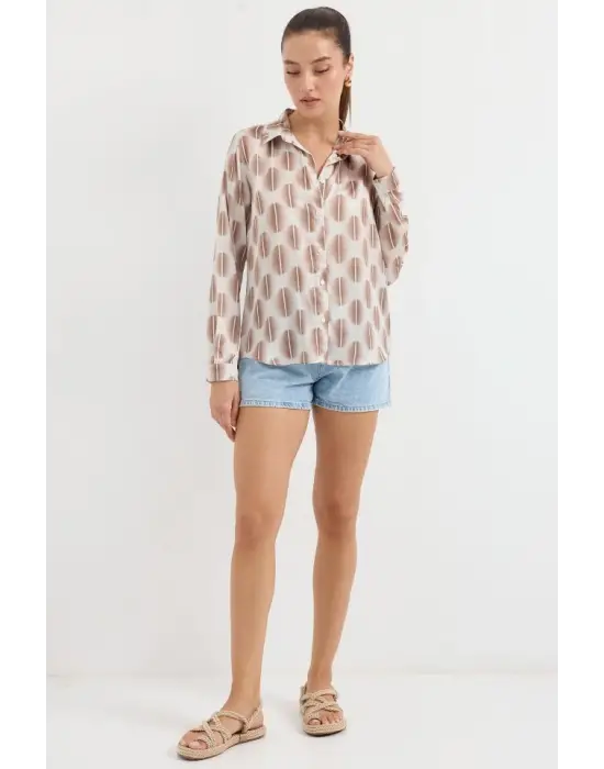 3964 Hafif Dökümlü Saten Gömlek - B.Kahverengi