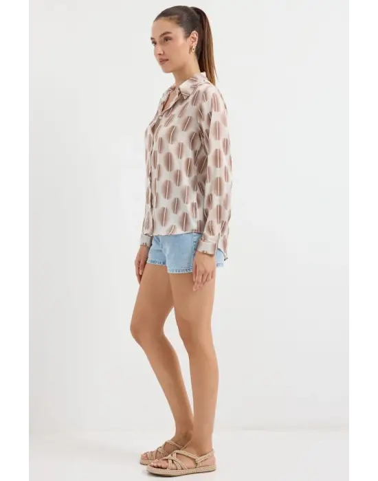 3964 Hafif Dökümlü Saten Gömlek - B.Kahverengi