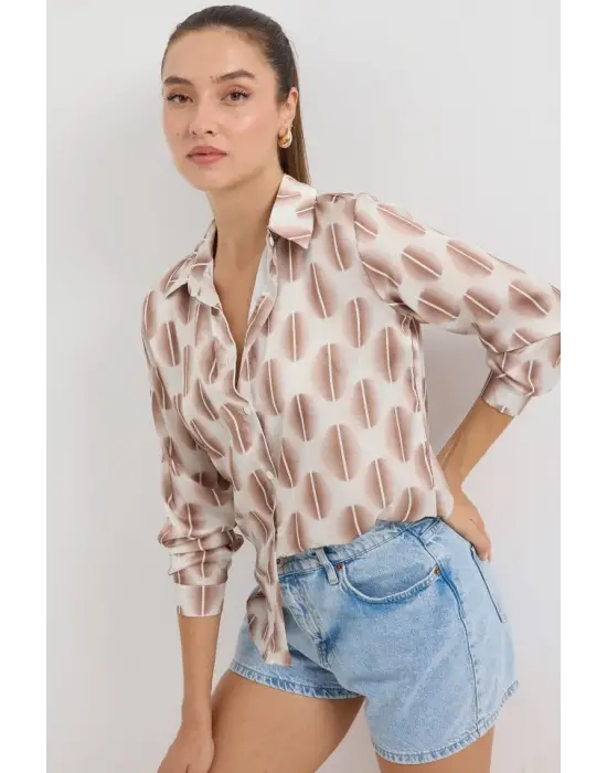 3964 Hafif Dökümlü Saten Gömlek - B.Kahverengi