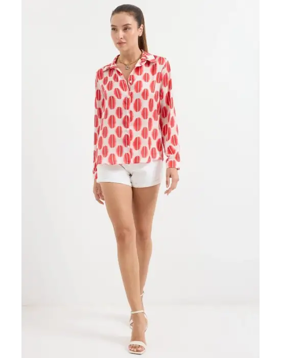 3964 Hafif Dökümlü Saten Gömlek - B.Kırmızı