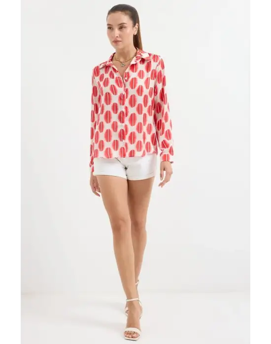 3964 Hafif Dökümlü Saten Gömlek - B.Kırmızı