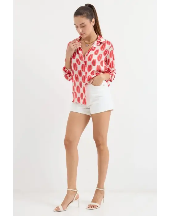 3964 Hafif Dökümlü Saten Gömlek - B.Kırmızı