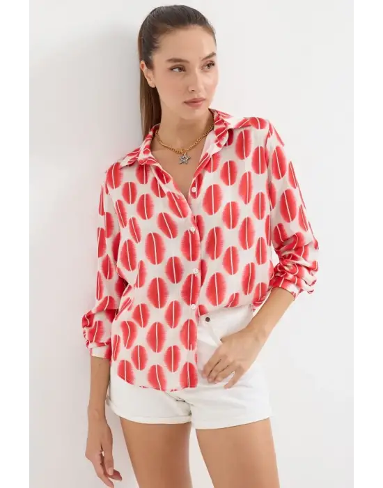 3964 Hafif Dökümlü Saten Gömlek - B.Kırmızı