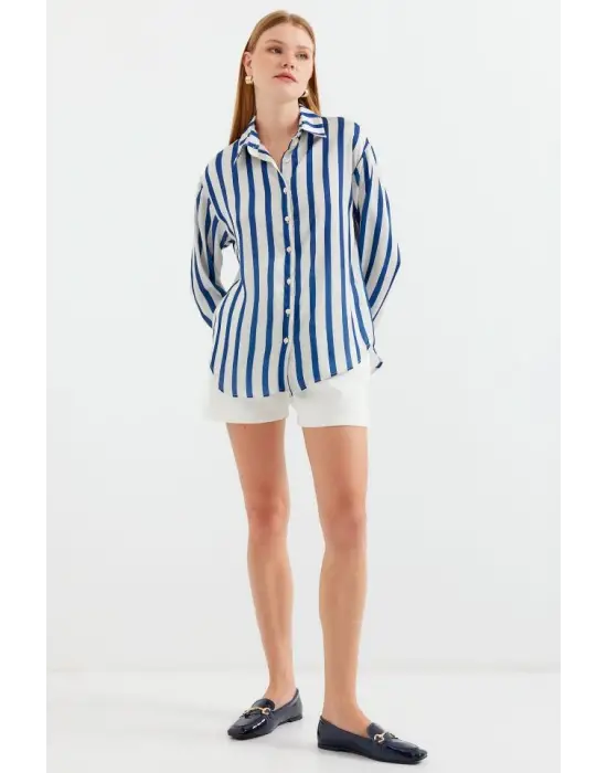 3964 Hafif Dökümlü Saten Gömlek - B.Lacivert