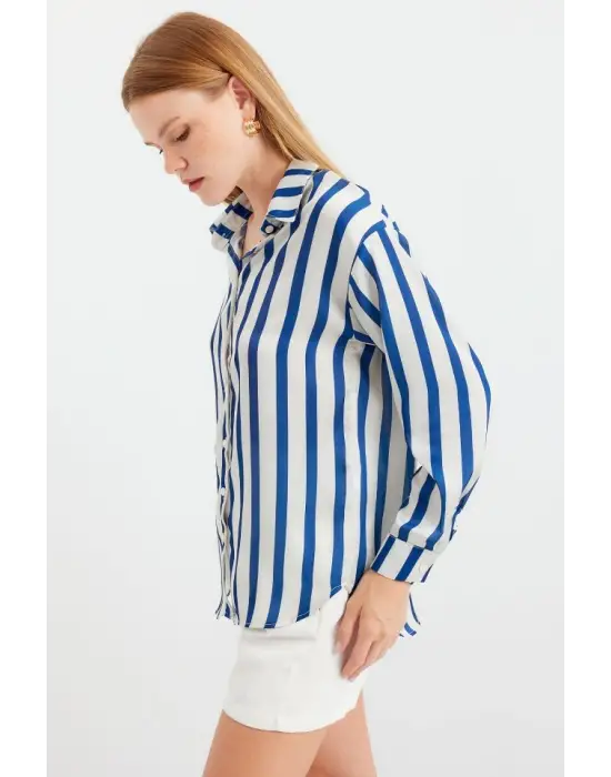 3964 Hafif Dökümlü Saten Gömlek - B.Lacivert