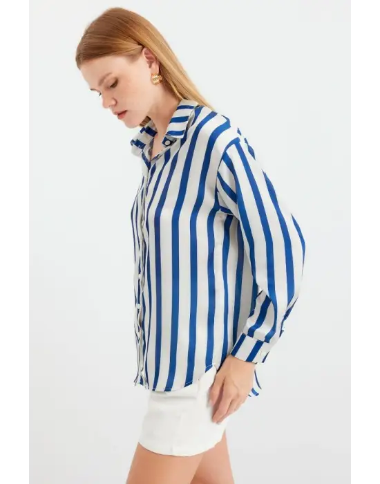 3964 Hafif Dökümlü Saten Gömlek - B.Lacivert