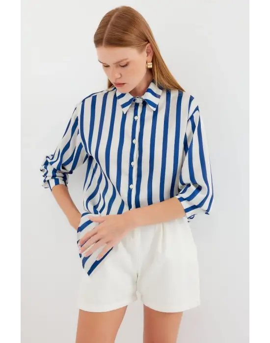 3964 Hafif Dökümlü Saten Gömlek - B.Lacivert