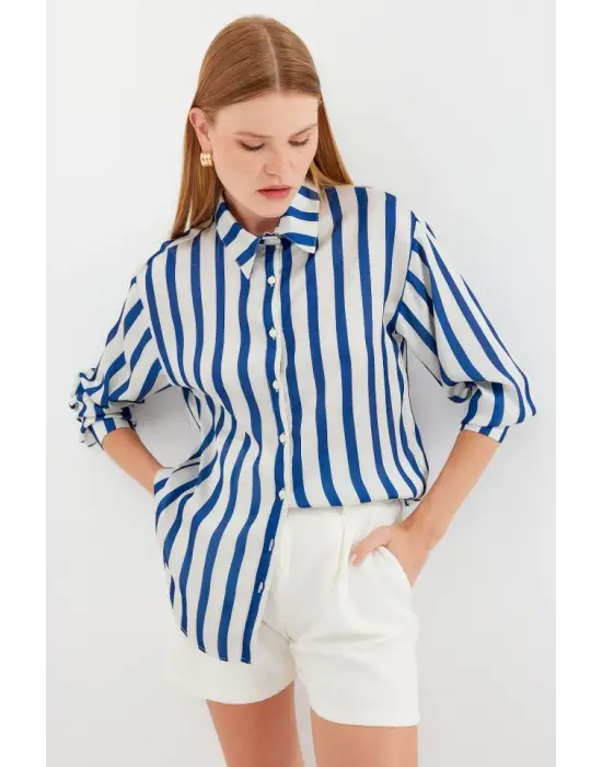 3964 Hafif Dökümlü Saten Gömlek - B.Lacivert