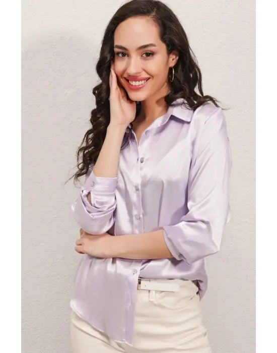 3964 Hafif Dökümlü Saten Gömlek - B.Lila