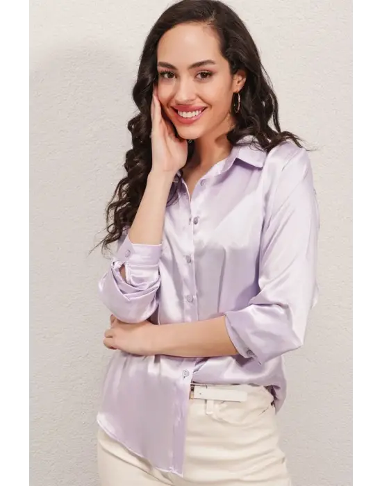 3964 Hafif Dökümlü Saten Gömlek - B.Lila