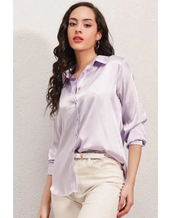 3964 Hafif Dökümlü Saten Gömlek - B.Lila