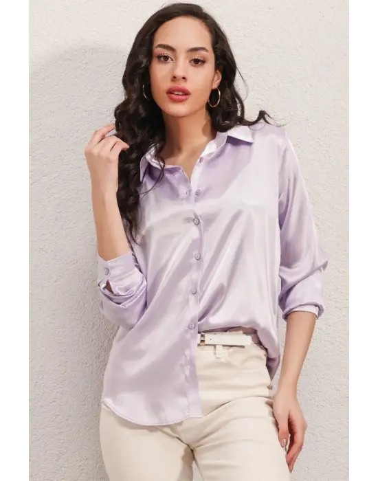 3964 Hafif Dökümlü Saten Gömlek - B.Lila