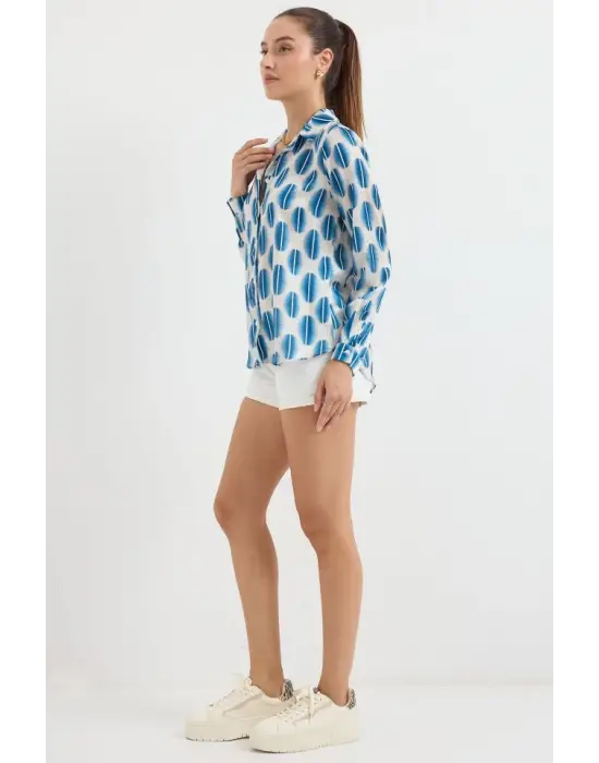 3964 Hafif Dökümlü Saten Gömlek - B.Mavi