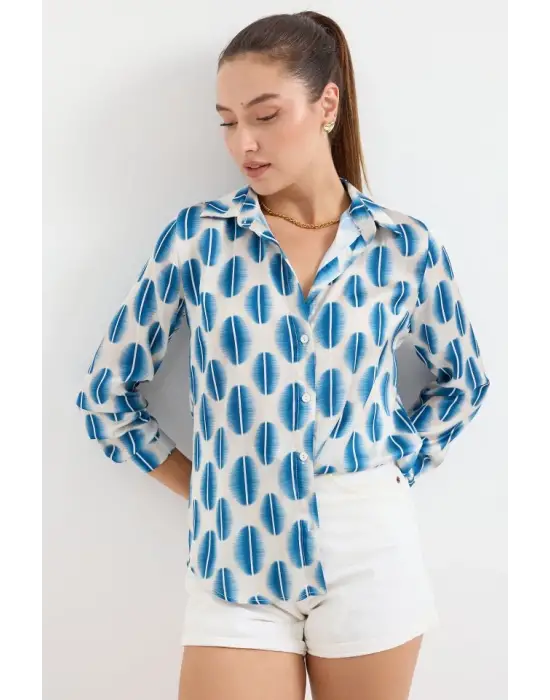 3964 Hafif Dökümlü Saten Gömlek - B.Mavi